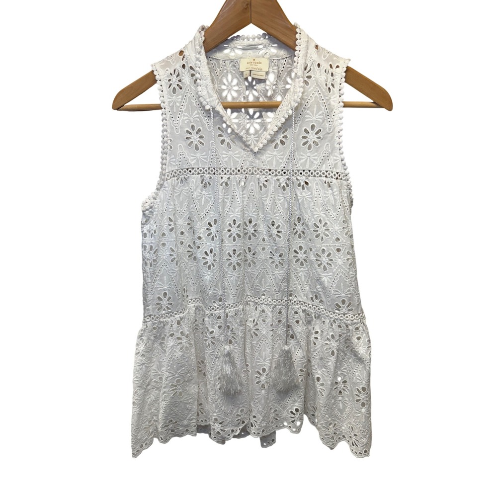 Kate Spade New York White Eyelet Peplum Sleeveless Top Tassel Tie Size S - Picture 2 of 9